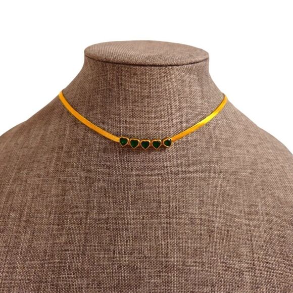 Green Hearts Stainless Steel Crystal Gold-tone Snake Chain Choker Necklace - Picture 4 of 13